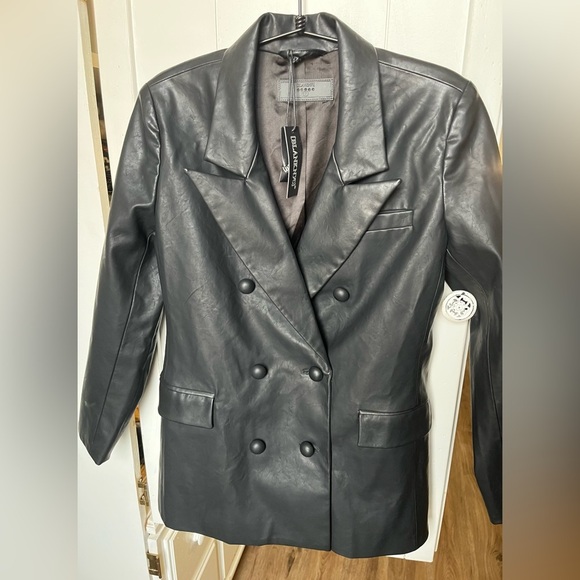 REVOLVE Blank NYC Black Long Vegan Leather Double-Breasted Blazer NWT - Picture 1 of 15